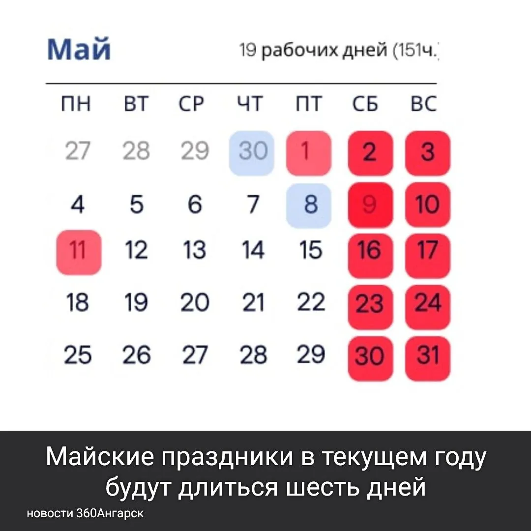 Майские праздники в текущем году будут длиться шесть дней: с первого по третье число, а также с девятого – по одиннадцатое. День Труда выпадает на пятницу.